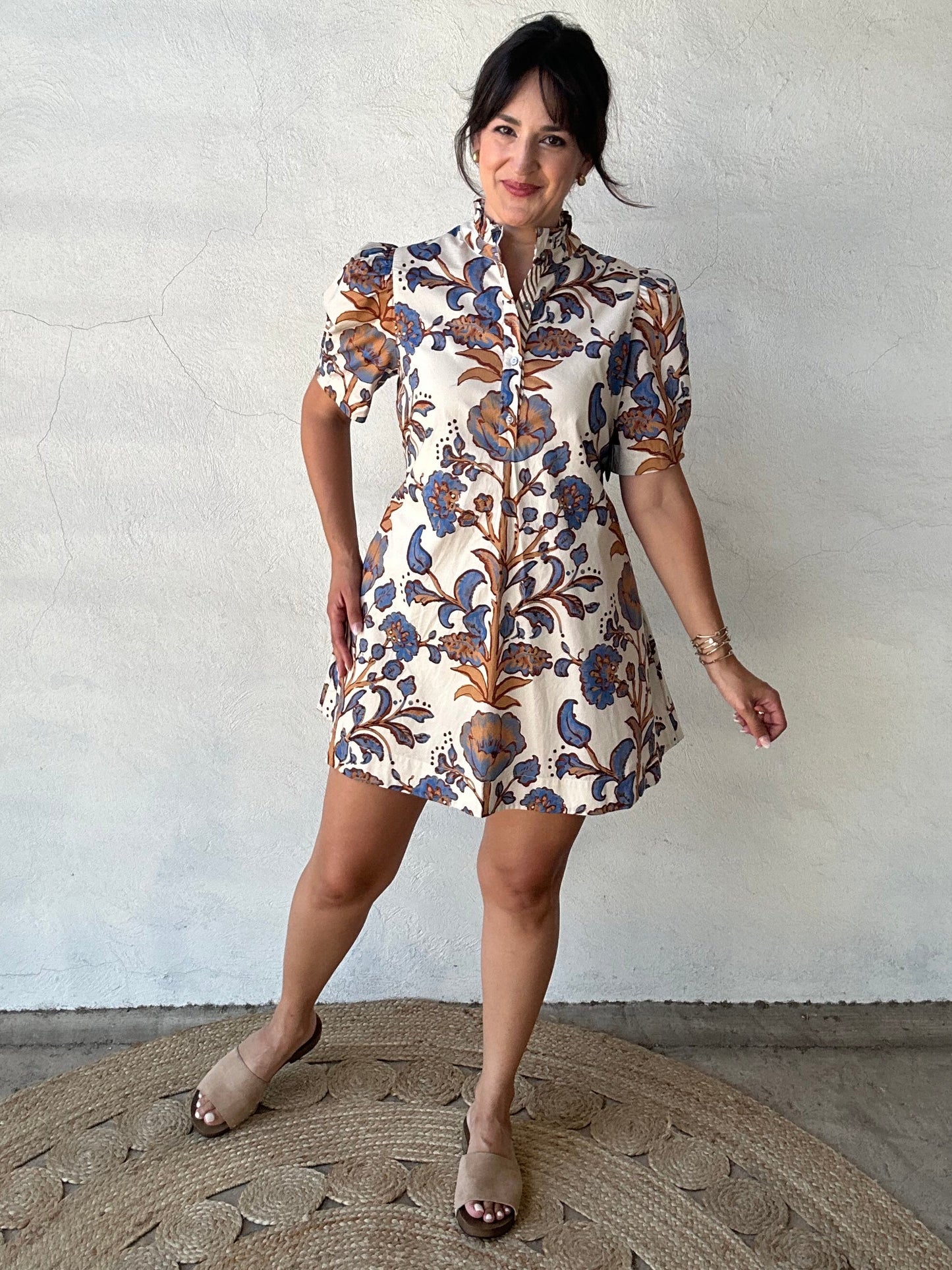 Fancy Floral Short Sleeve Mini Dress | Ecru