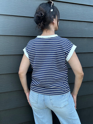 Spaced Stripe Tee w/ Contrast Trim | Navy + White