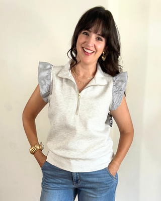 Luxeknit Ruffle Quarter Zip Top | Heather White