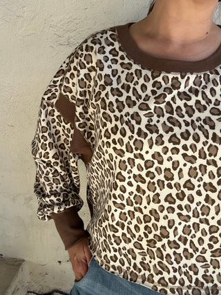 Animal Print Open Back Long Sleeve Top Ivory + Browns
