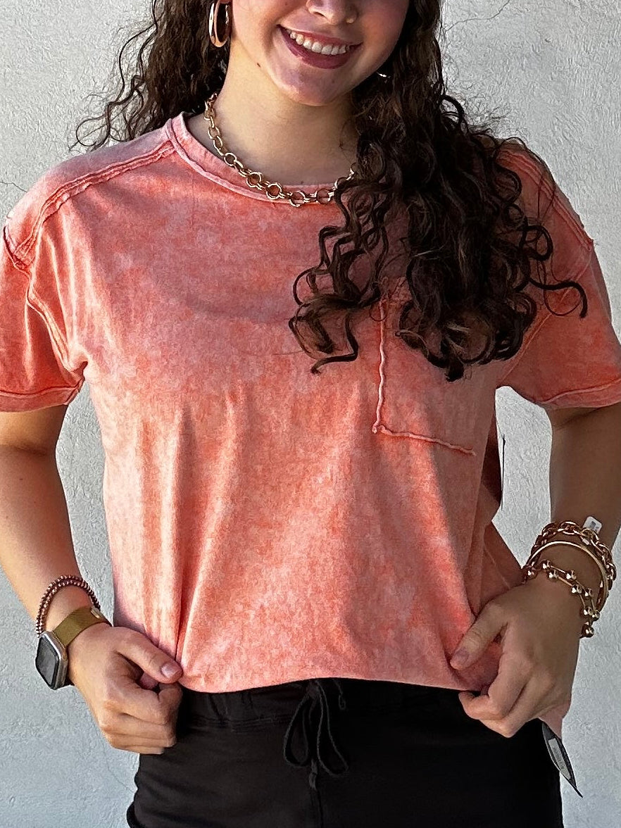 Raw Edge Short Sleeve Top w/ Chest Pocket | Washed Orange