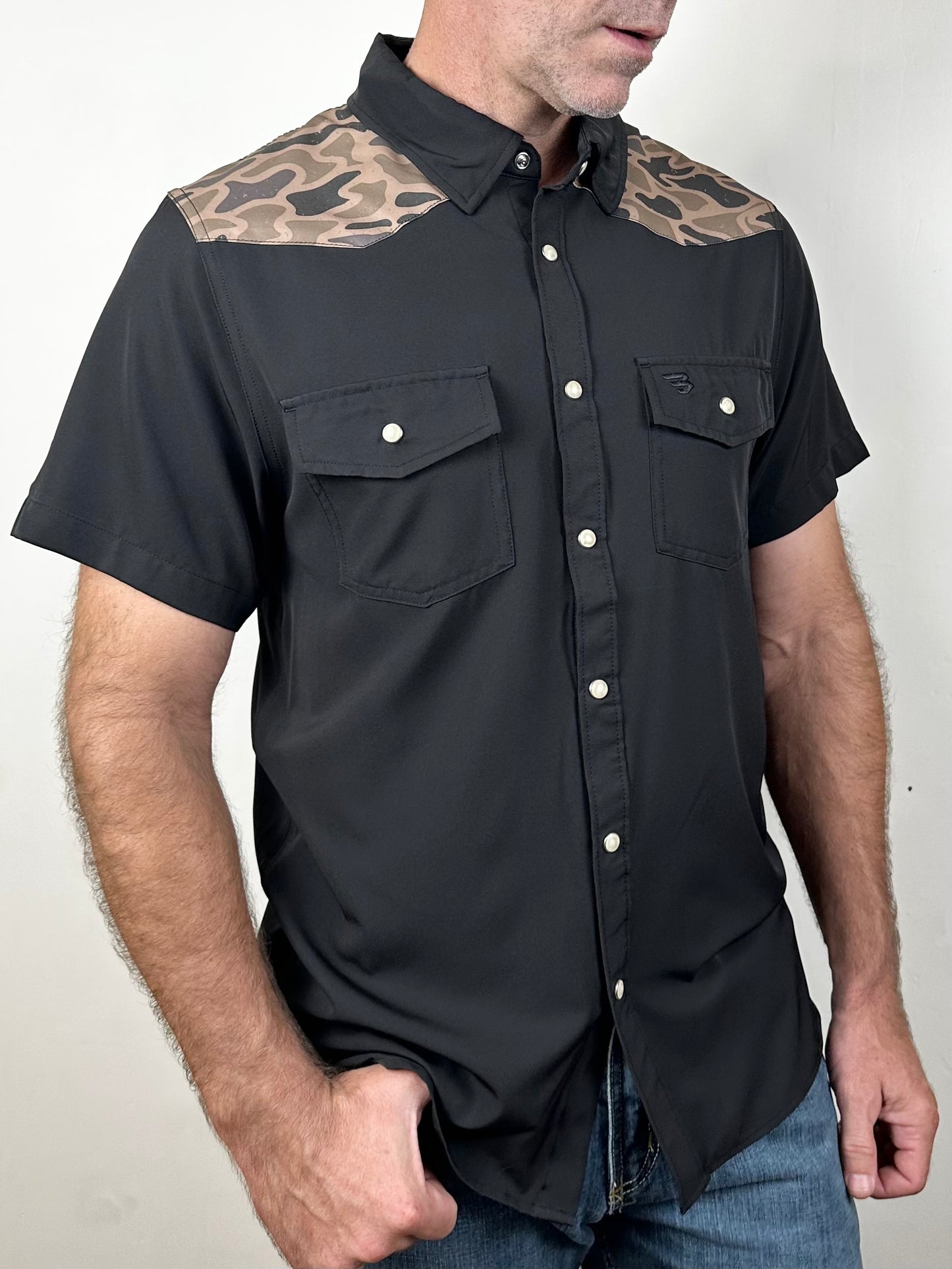 Burlebo | Performance Western Shirt | Deer Szn | Black + Gauge Camo