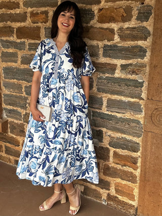 Tropical Midi Dress | Navy + Cream