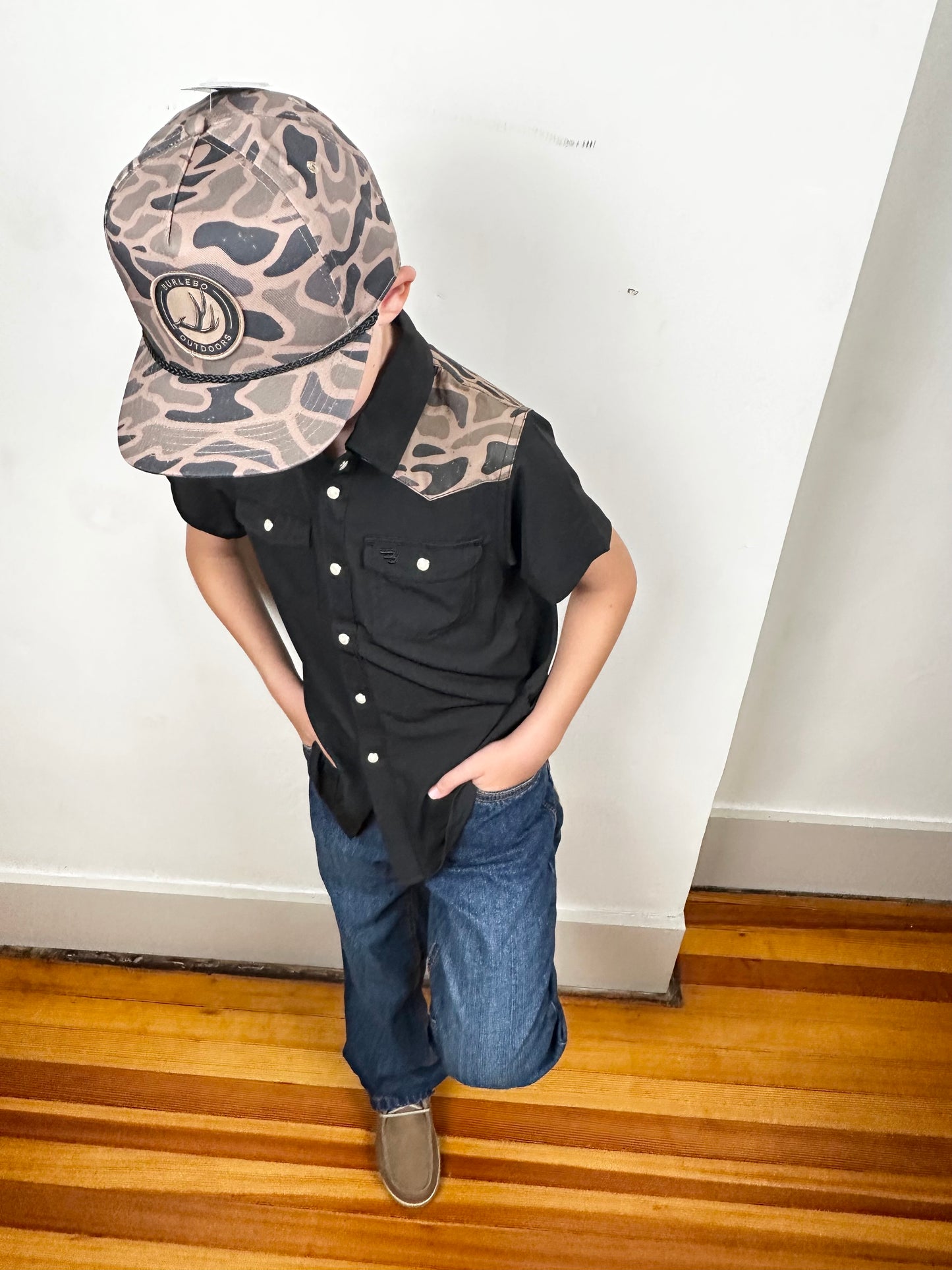 BURLEBO | YOUTH | Performance Western Shirt | Deer Szn | Black + Gauge Camo