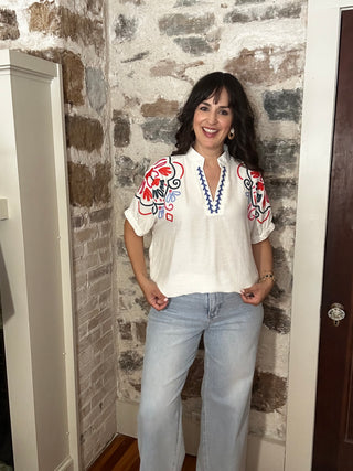 Embroidered Short Sleeve Top | Cream