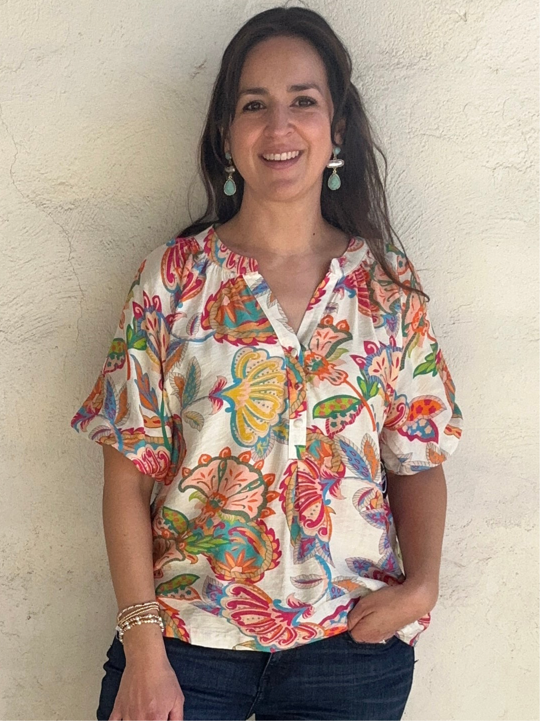 Paisley Perfection 3/4 Sleeve Top | Cream + Multi