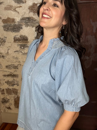 Scalloped Hem Short Sleeve Top | Light Denim
