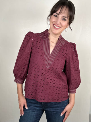 Eyelet 3/4 Sleeve Top | Burgundy