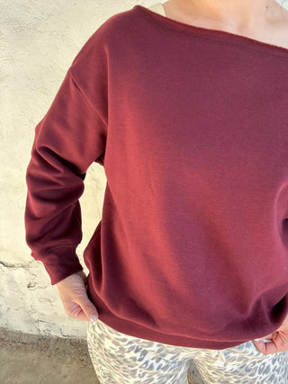 French Terry Fleece Off Shoulder Sweatshirt | Dark Cherry
