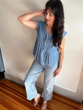 Pintuck V-Neck Top | Chambray