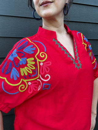 Embroidered Short Sleeve Top | Red