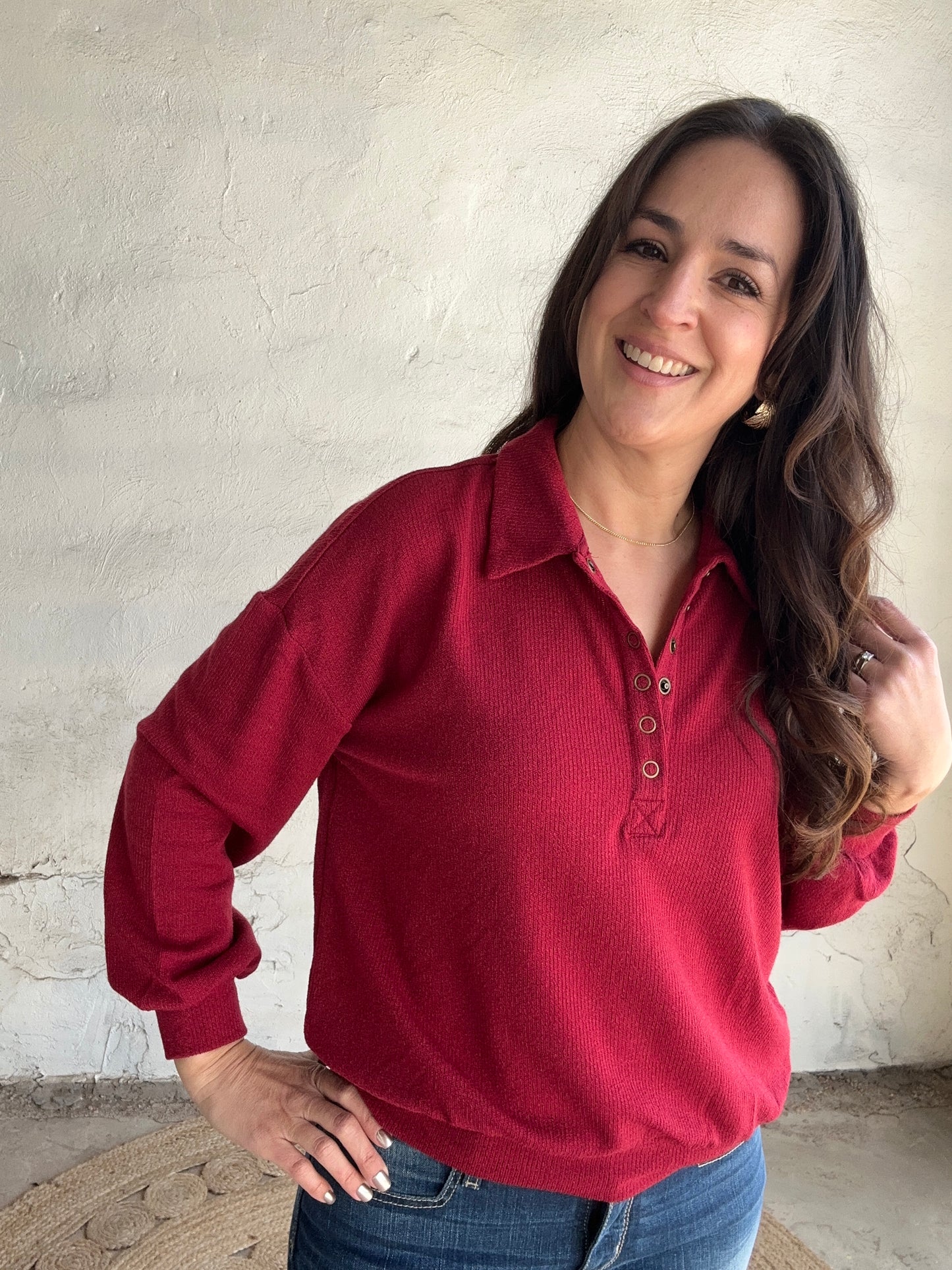 Collared Half Snap Knit Long Sleeve | Deep Red