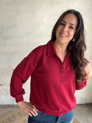 Collared Half Snap Knit Long Sleeve | Deep Red