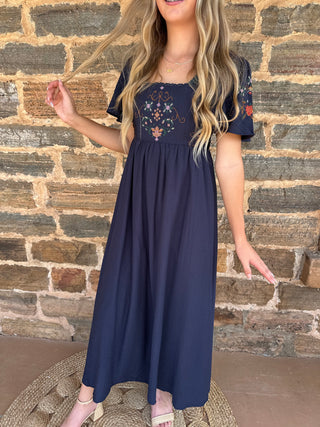 Embroidery Detail Bell Sleeve Midi Dress | Navy + Multi