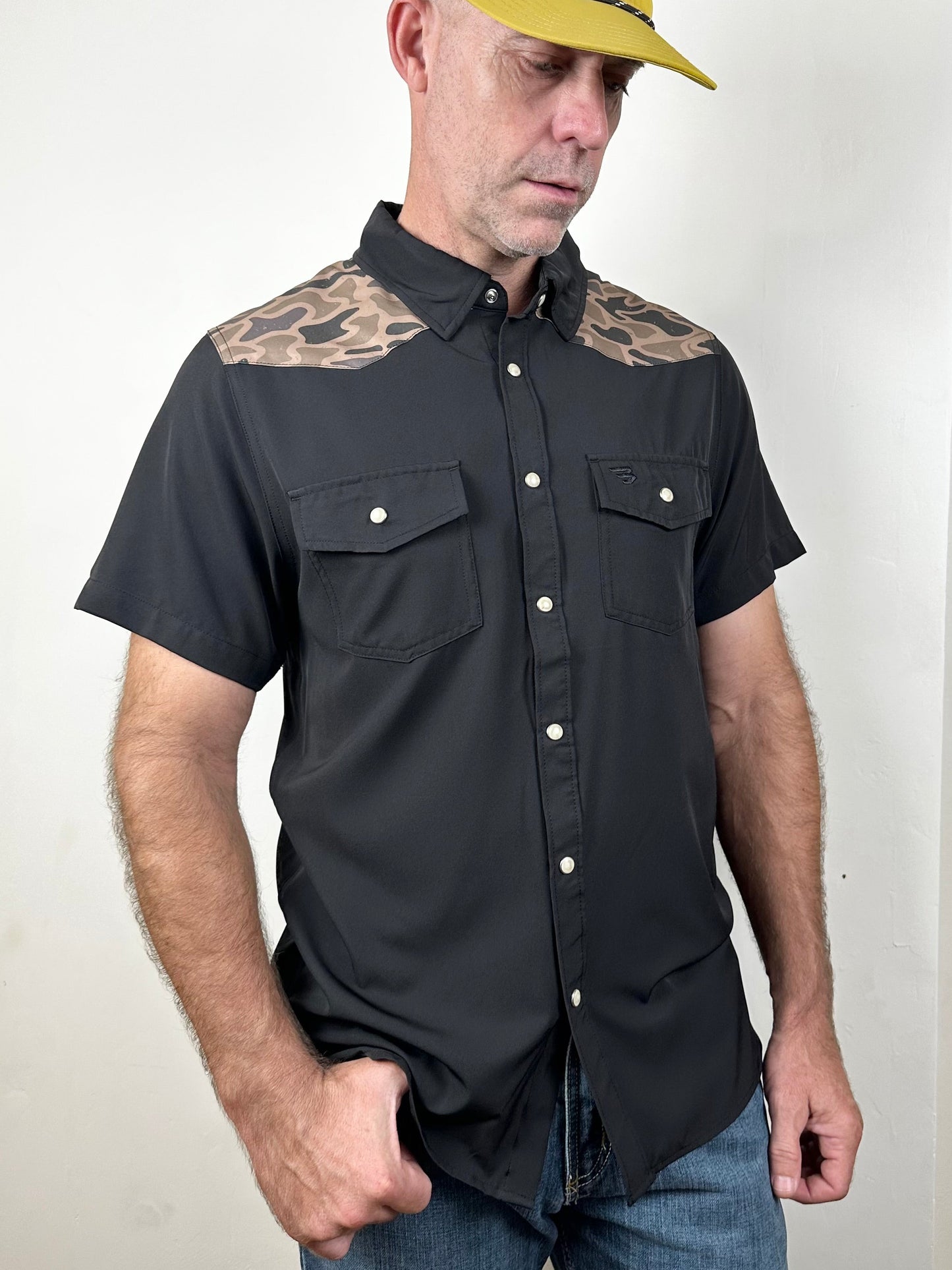 Burlebo | Performance Western Shirt | Deer Szn | Black + Gauge Camo