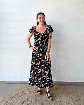 Front Tie Midi Dress | Black + Floral