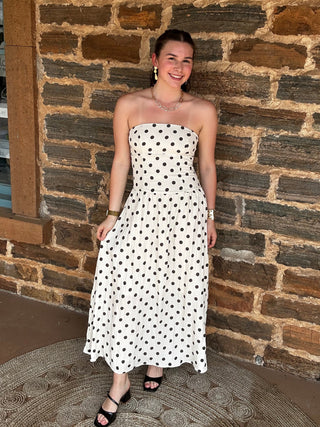 Strapless Midi Dress | Khaki + Brown Polka Dots