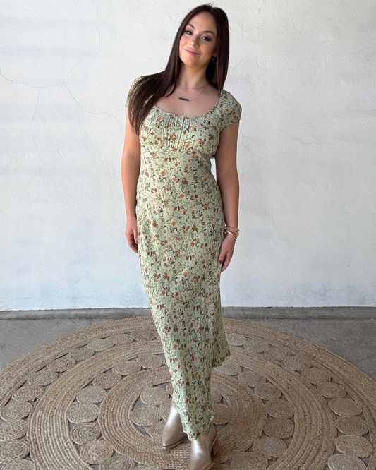 Scoop Neck Midi Dress | Light Olive + Floral