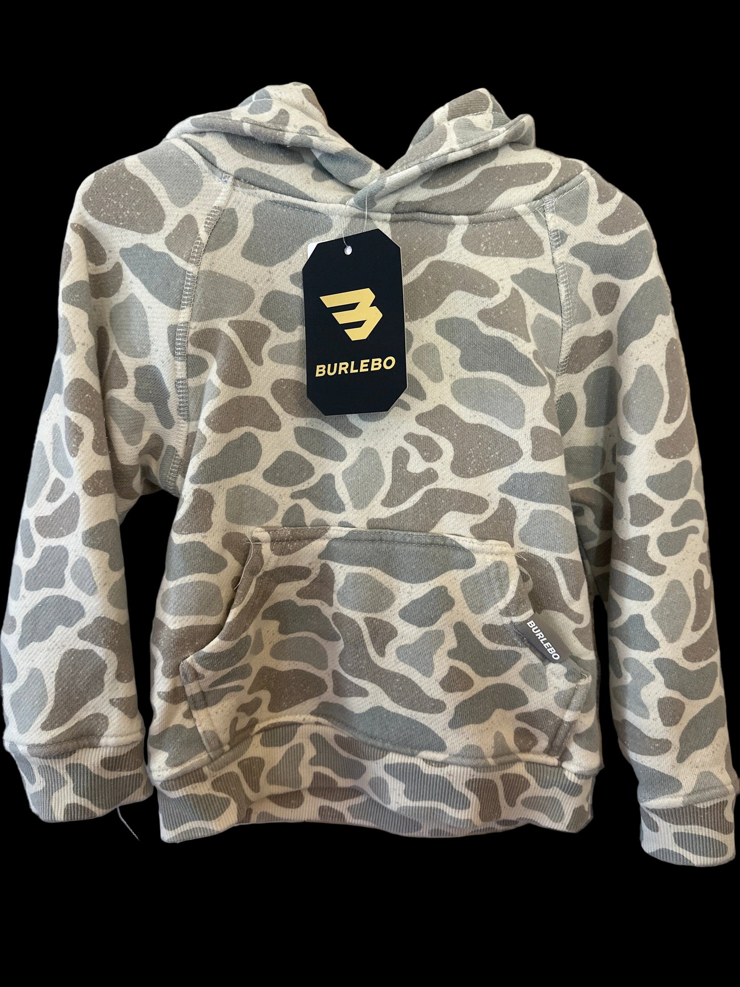 A Burlebo brand kids' pullover hoodie with a gray and beige camo pattern
