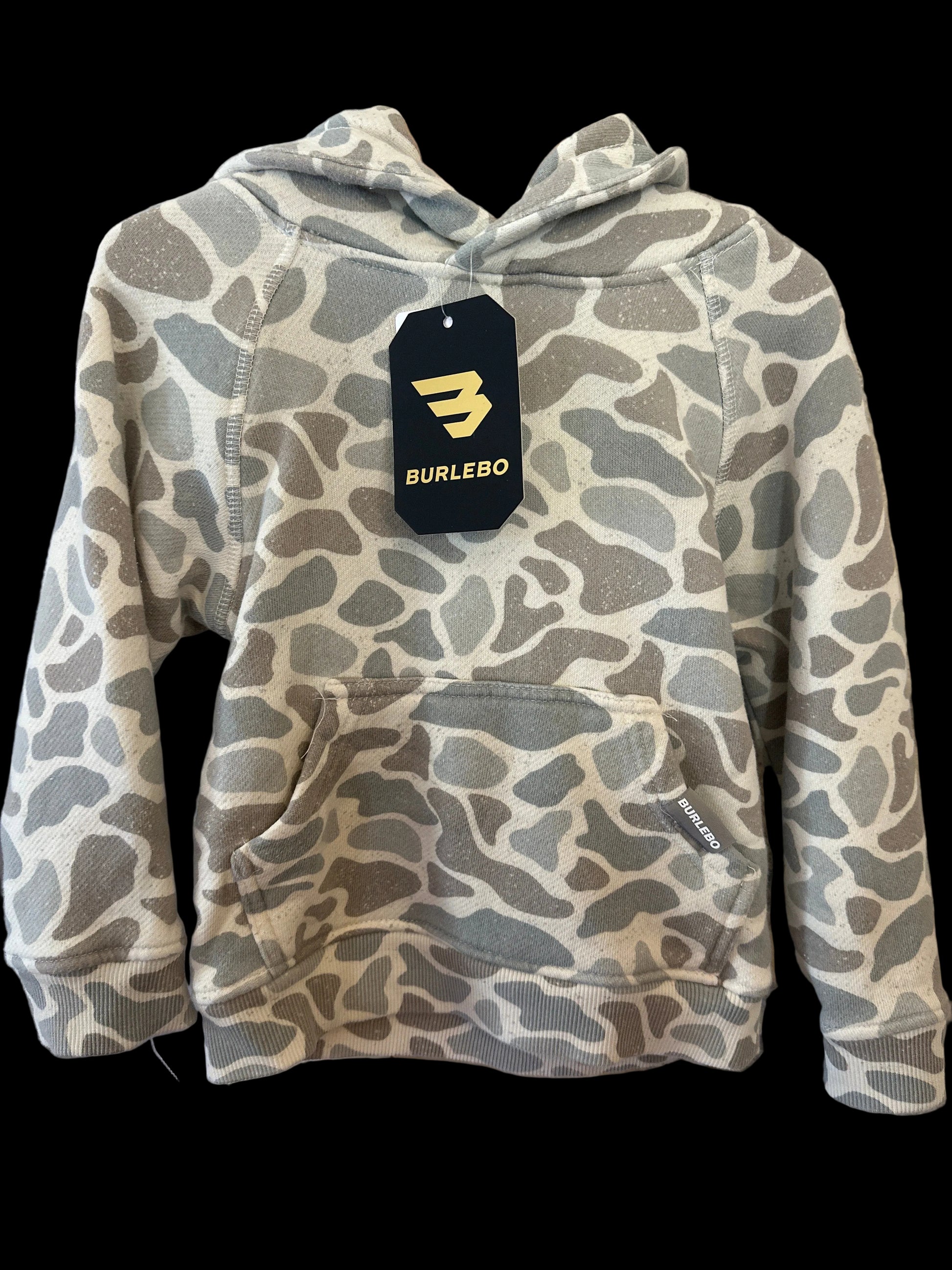 A Burlebo brand kids' pullover hoodie with a gray and beige camo pattern