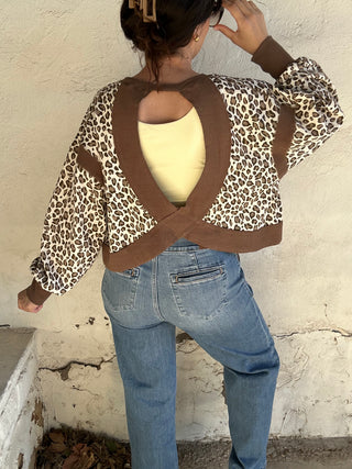 Animal Print Open Back Long Sleeve Top Ivory + Browns