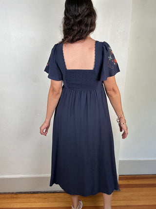 Embroidery Detail Bell Sleeve Midi Dress | Navy + Multi