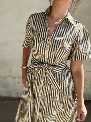 Printed Stripe Short Sleeve Midi Dress | Brown + Multi