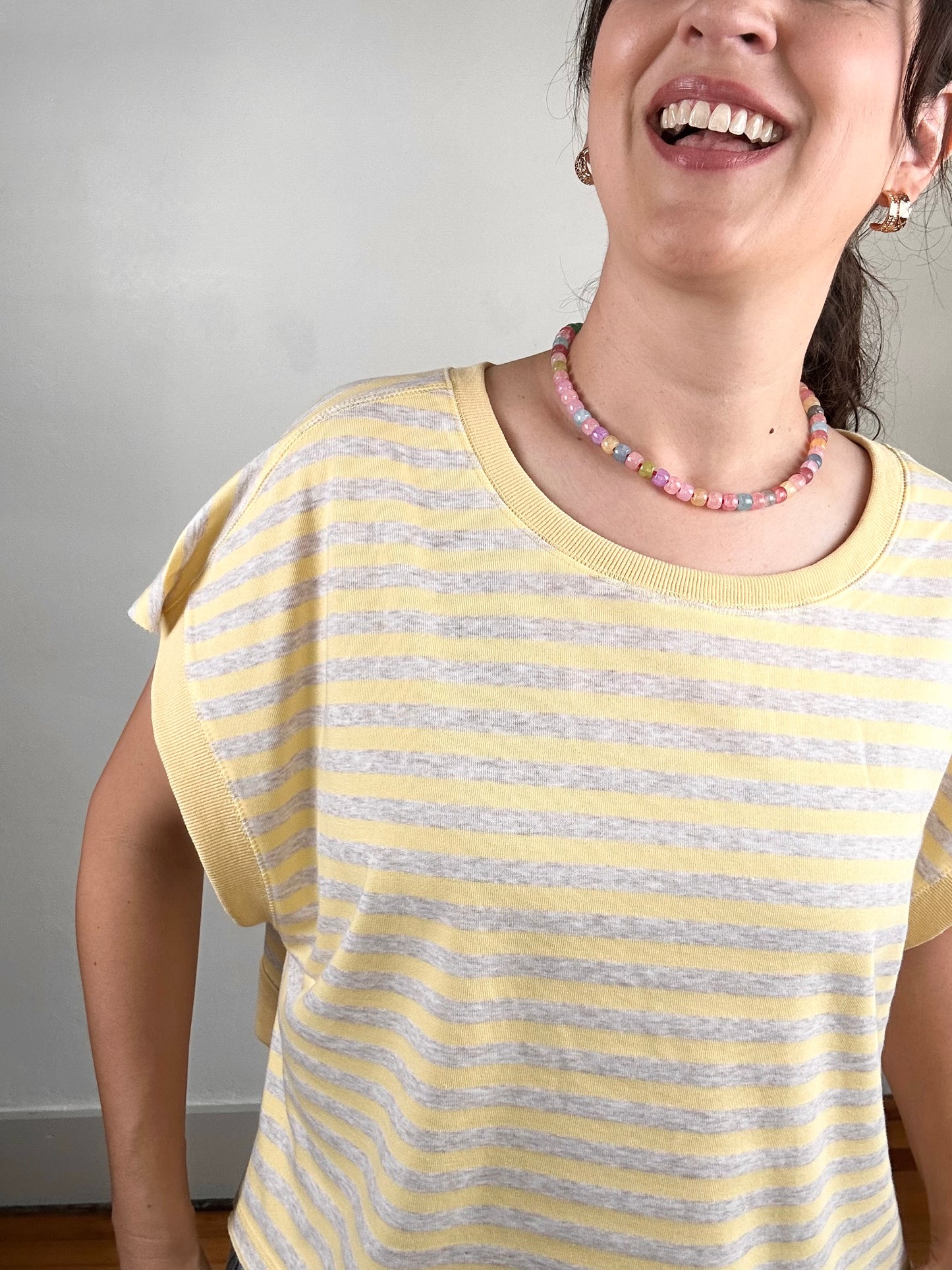 Striped Terry Open Back Short Sleeve Top | Yellow + Heather Oatmeal