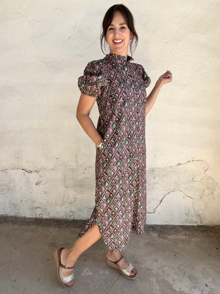 Fay Floral Puff Short Sleeve Maxi Dress | Brown