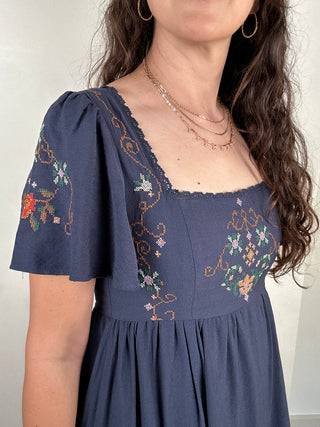 Embroidery Detail Bell Sleeve Midi Dress | Navy + Multi
