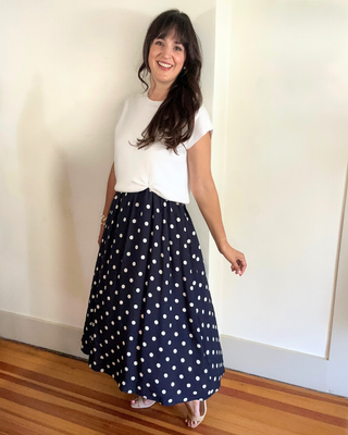Lusso Midi Dress in Navy + White with White Sweater (Sold as a Set)