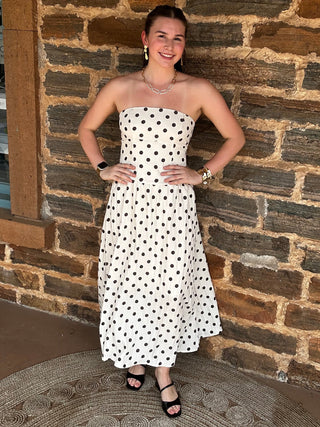 Strapless Midi Dress | Khaki + Brown Polka Dots