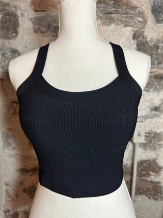 Nylon Ribbed Racerback Tank / Sports Bra | Black