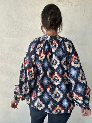 Abstract Medallion Print V-Neck Long Sleeve Blouse | Midnight Blue + Multi