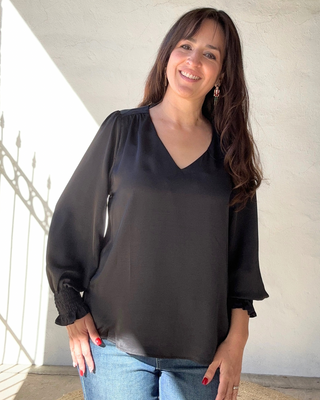 Satin V-Neck Blouse Top Pinched Shoulders | Black