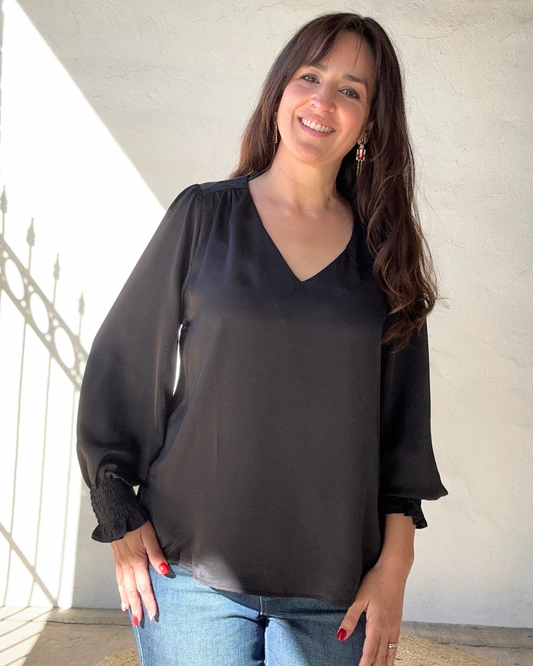 Satin V-Neck Blouse Top Pinched Shoulders | Black
