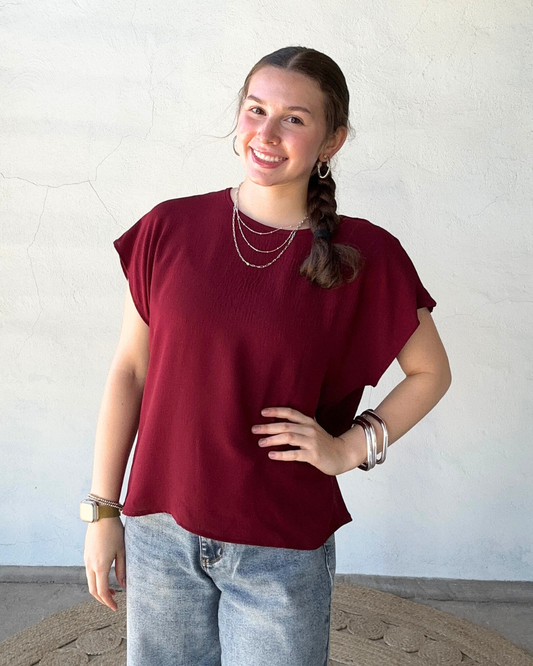 Short Sleeve Round Neck Blouse | Merlot