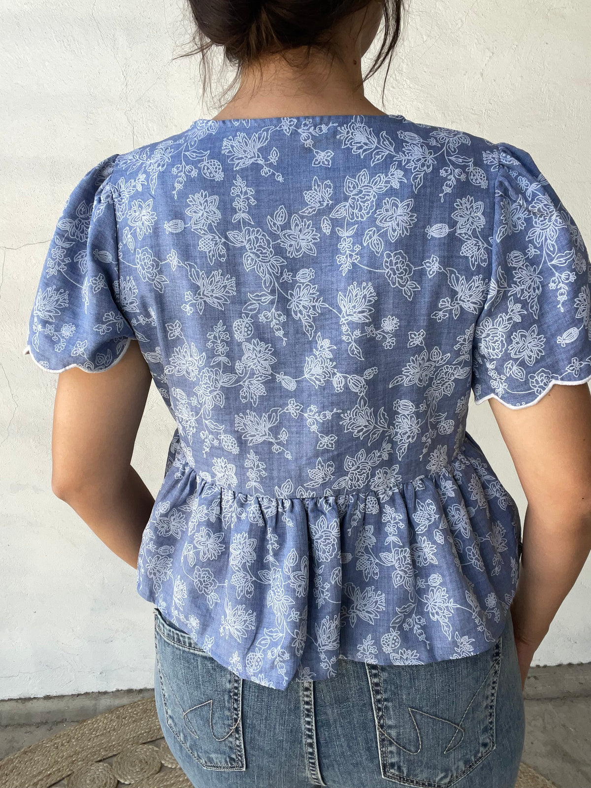 Floral Embroidered + Scalloped Peplum Top | Denim