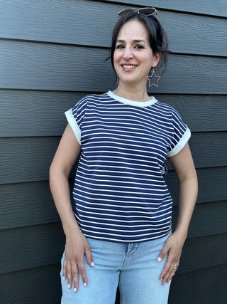Spaced Stripe Tee w/ Contrast Trim | Navy + White