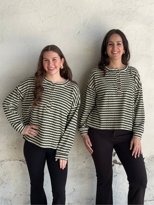 Stripe Henley Long Sleeve | Olive + Ivory