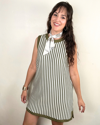Stripe Sleeveless Mini Dress with Back Accent Buttons | Olive