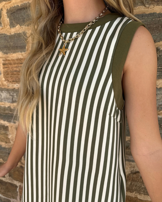 Stripe Sleeveless Mini Dress with Back Accent Buttons | Olive