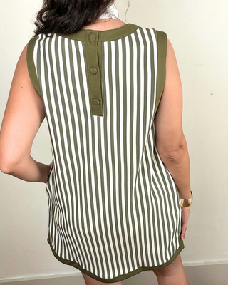 Stripe Sleeveless Mini Dress with Back Accent Buttons | Olive