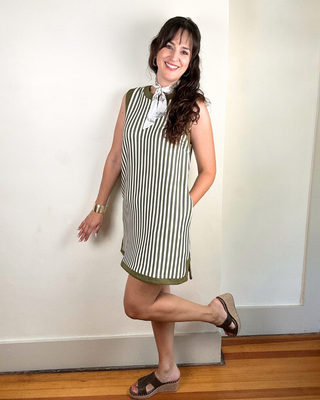 Stripe Sleeveless Mini Dress with Back Accent Buttons | Olive