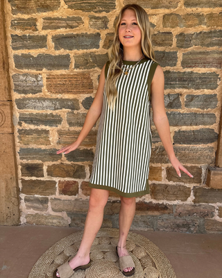 Stripe Sleeveless Mini Dress with Back Accent Buttons | Olive