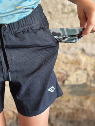 Burlebo | YOUTH Athletic Short | Heather Black Retro Duck Camo Liner