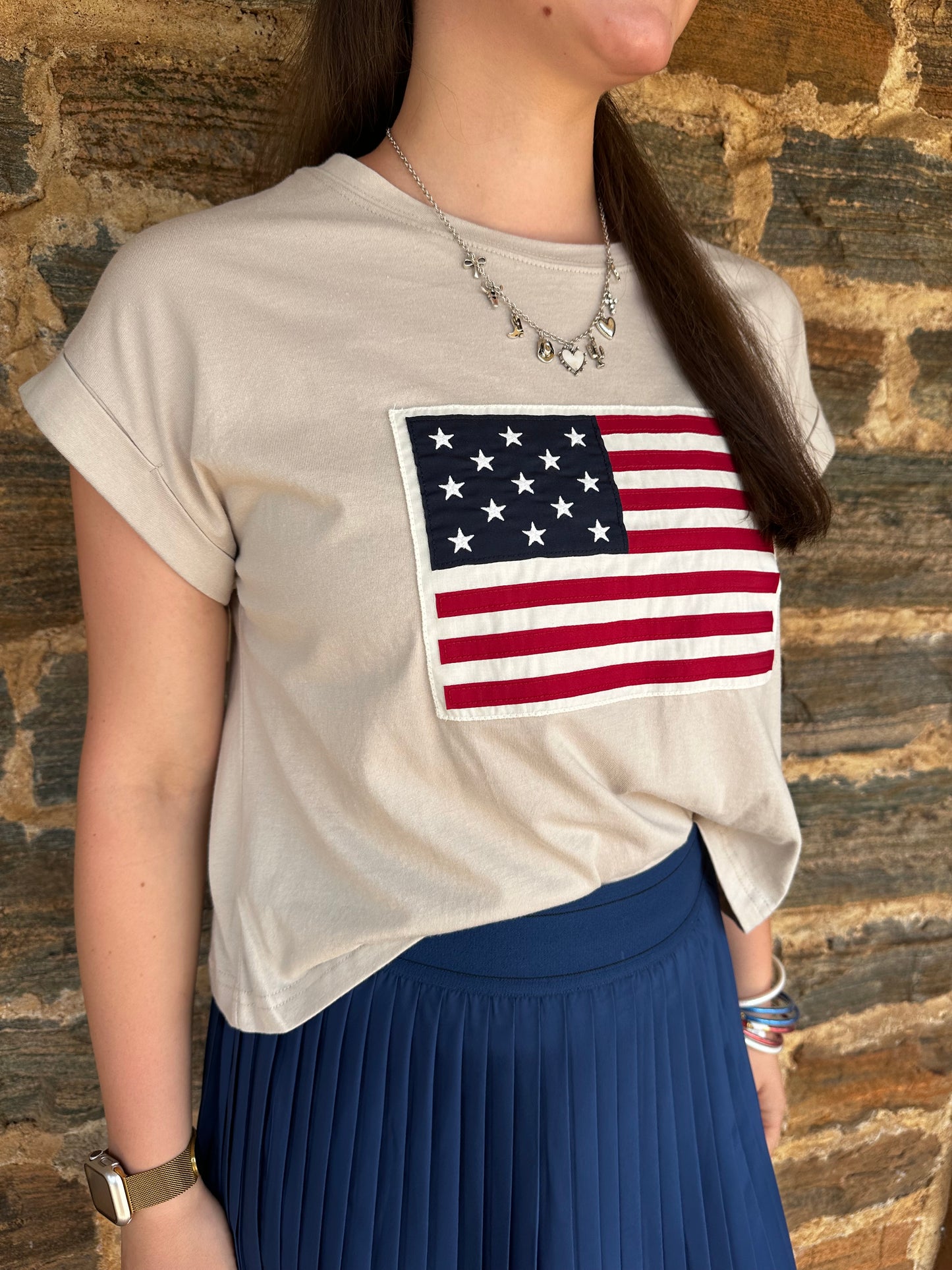 USA Flag Patch Crop Tee | Sand Beige
