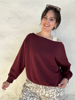 French Terry Fleece Off Shoulder Sweatshirt | Dark Cherry