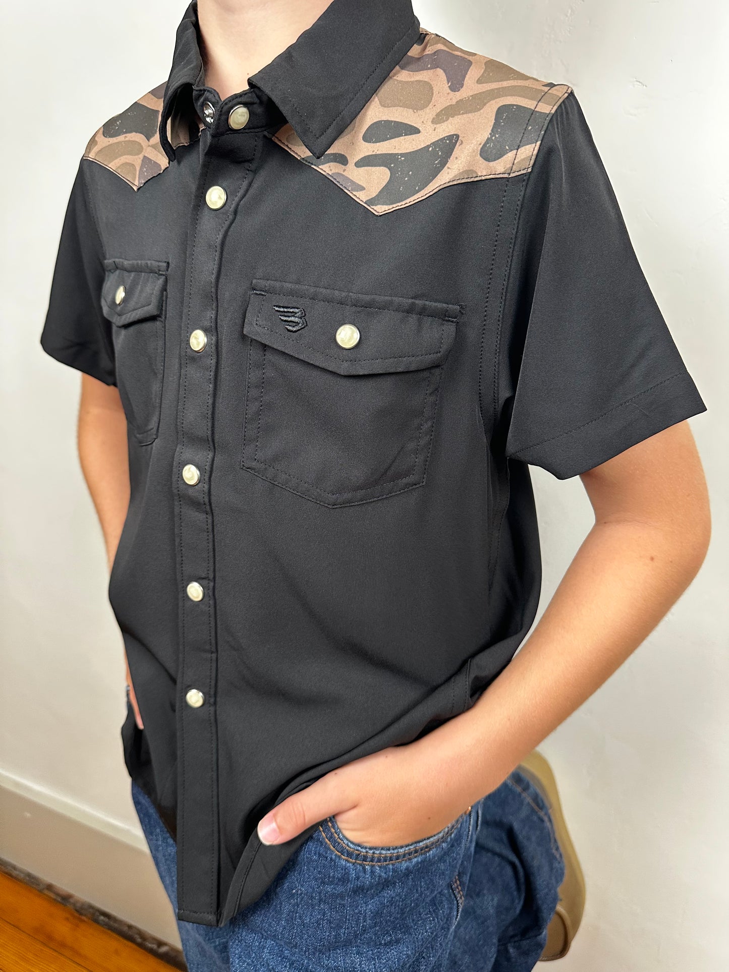 BURLEBO | YOUTH | Performance Western Shirt | Deer Szn | Black + Gauge Camo