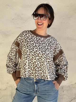 Animal Print Open Back Long Sleeve Top Ivory + Browns